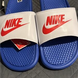 Nike White and Blue Slide Sandals